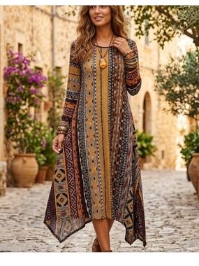 Zanzea Tribal Print Swing Dress XXL Trapeze Earth Tones Fall Winter Long Sleeve